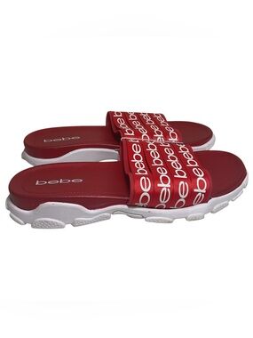 Bebe Logo Slide Sandals Red White Chunky Sole Women’s Size 10 EUR 41 Sporty Luxe